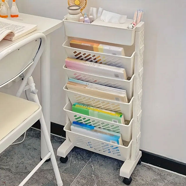 Versatile Multi-Tier Rolling File Organizer – Mobile Desk Side Storage Rack for Books, Magazines & Office Supplies | Durable & Space-Saving PP Material
