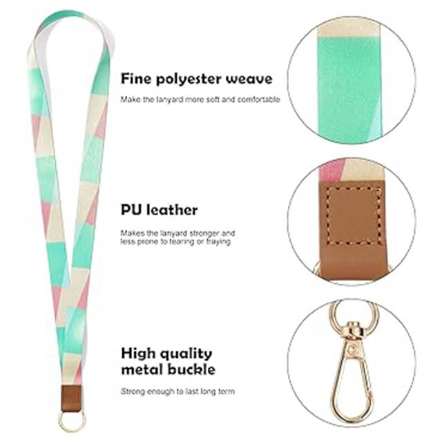 Vicloon Multicolor Neck Lanyard with Wristlet Strap & Leather Keychain – Stylish Print Design for ID Badges and Phones