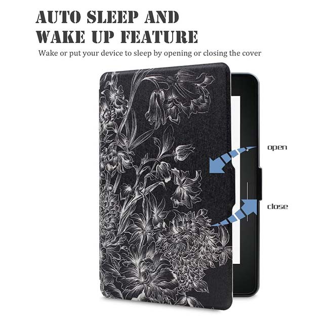WALNEW Protective Case for Amazon Kindle Voyage – Ultra-Thin, Lightweight PU Leather Cover with Auto Sleep/Wake & Elegant Black Flower Design