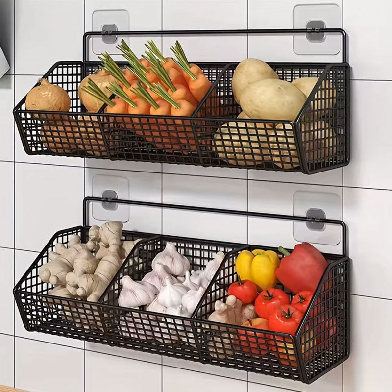 Wall Mounted Metal Wire Kitchen Storage Basket | Durable Spice, Garlic & Onion Organizer | Hanging Vegetable & Produce Rack for Pantry