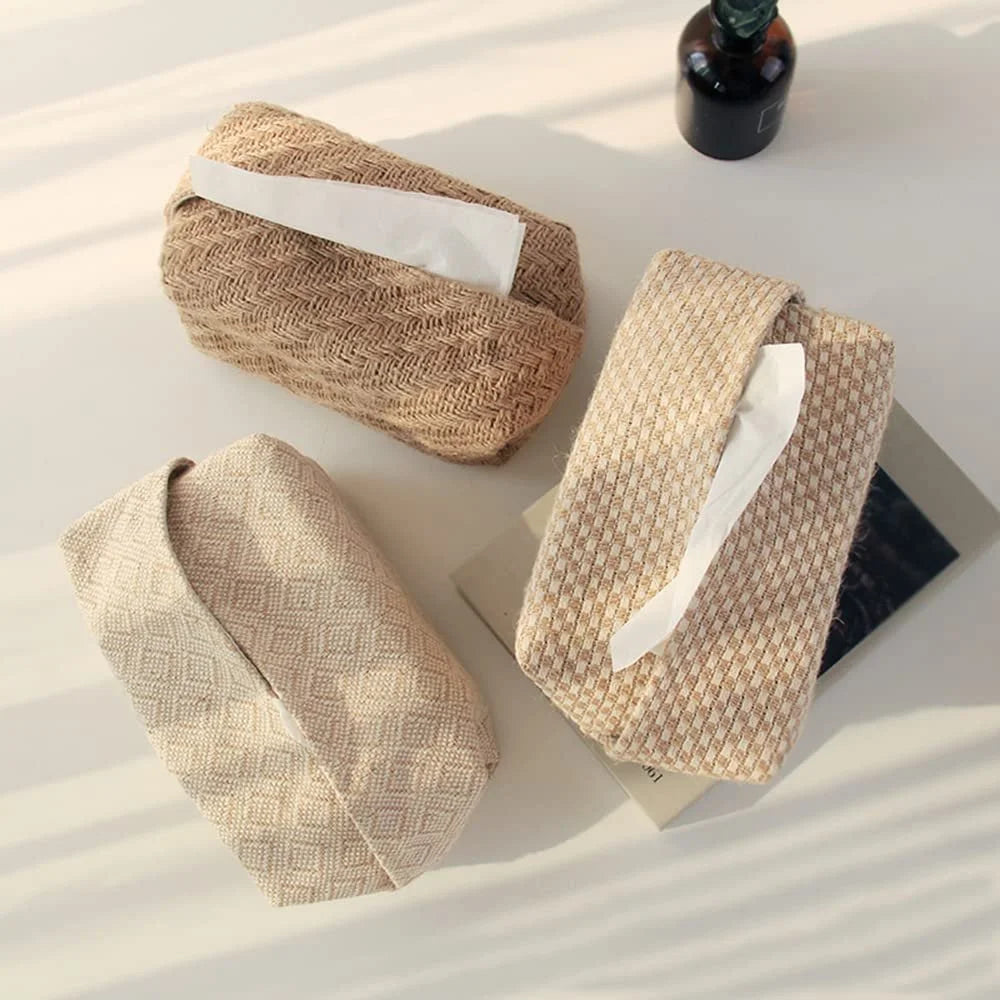 Japanese Style Linen Tissue Box Cover – Rustic Tissue Holder Organizer for Home & Office