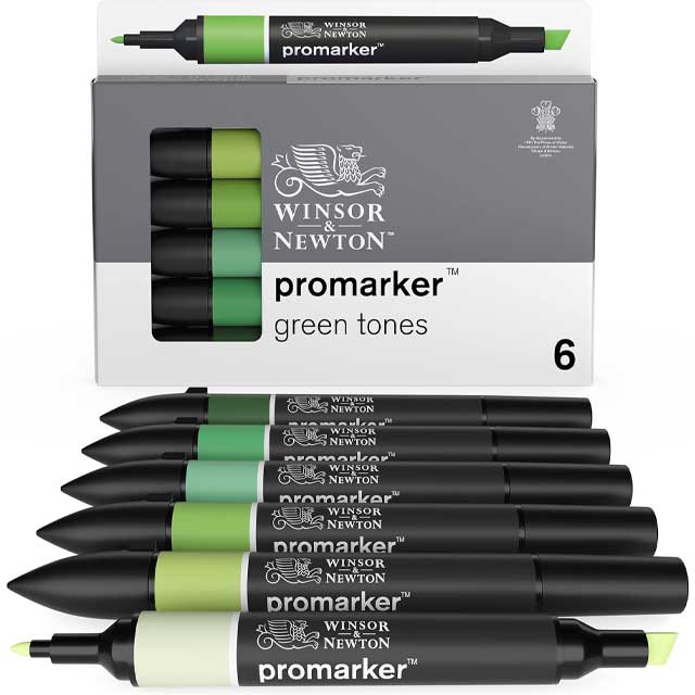 Winsor & Newton ProMarker Set – 6 Green Tone Professional Alcohol Markers for Artists and Illustrators