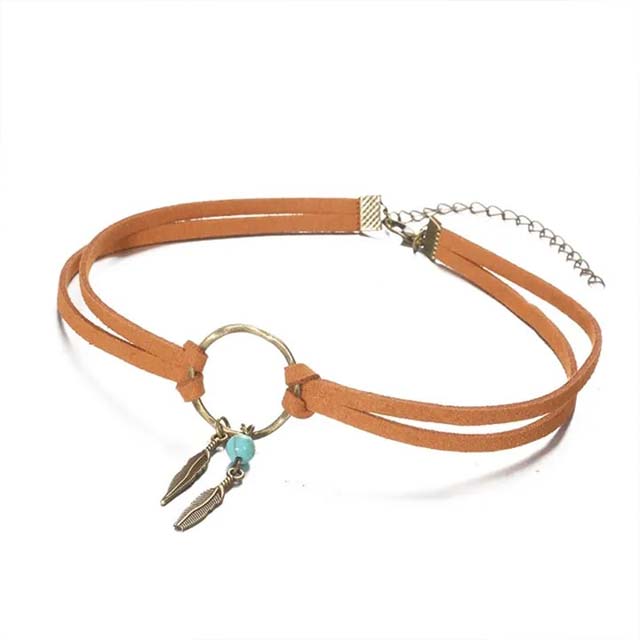 Women's Boho Leather Choker Necklace with Feather & Bead Pendant – Fashion Party Jewelry Gift