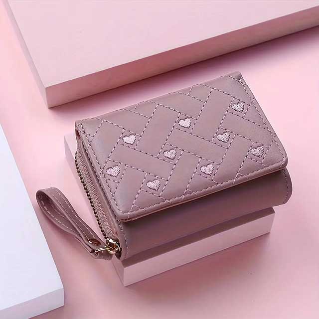 Women’s Short Wallet – Embroidered “Love” Design, Zipper & Buckle Closure, Large Capacity Card Holder Purse