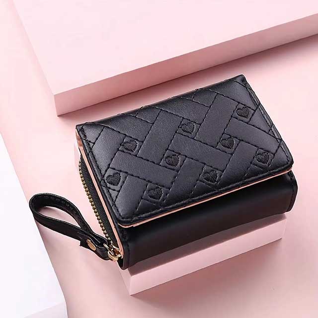 Women’s Short Wallet – Embroidered “Love” Design, Zipper & Buckle Closure, Large Capacity Card Holder Purse