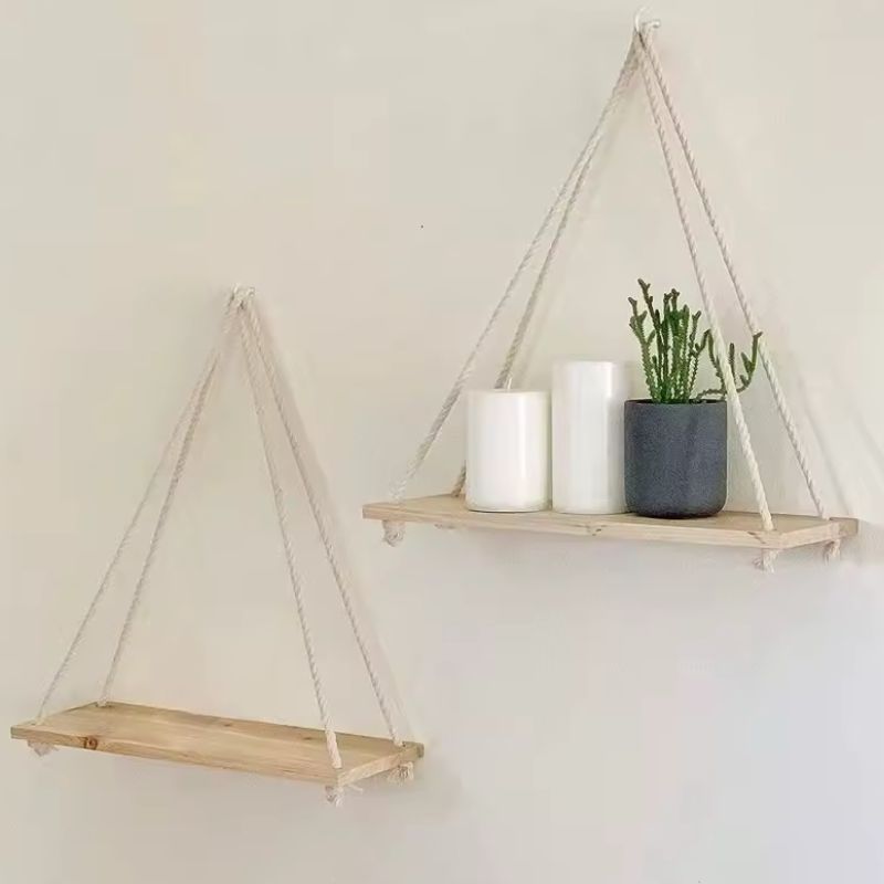 Wooden Swing Hanging Wall Shelf – Hemp Rope Floating Shelves – Rustic Plant & Flower Pot Tray for Living Room, Bedroom & Garden Decoration