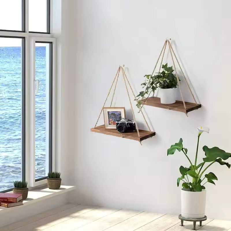 Wooden Swing Hanging Wall Shelf – Hemp Rope Floating Shelves – Rustic Plant & Flower Pot Tray for Living Room, Bedroom & Garden Decoration
