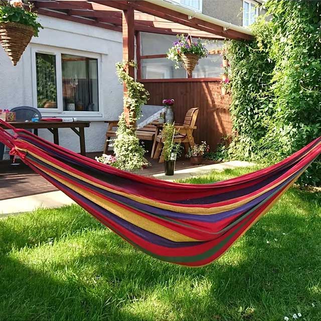 Woven Double Hammock with Travel Bag – Outdoor Cotton-Polyester Blend Hammock with Rope Bindings | Machine Washable Lounger for Garden, Patio, Beach & Camping (Ages 14+)