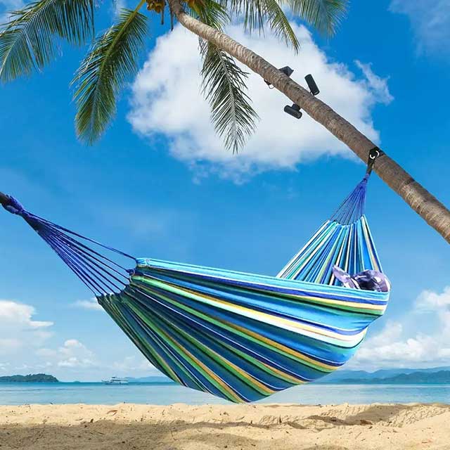 Woven Double Hammock with Travel Bag – Outdoor Cotton-Polyester Blend Hammock with Rope Bindings | Machine Washable Lounger for Garden, Patio, Beach & Camping (Ages 14+)