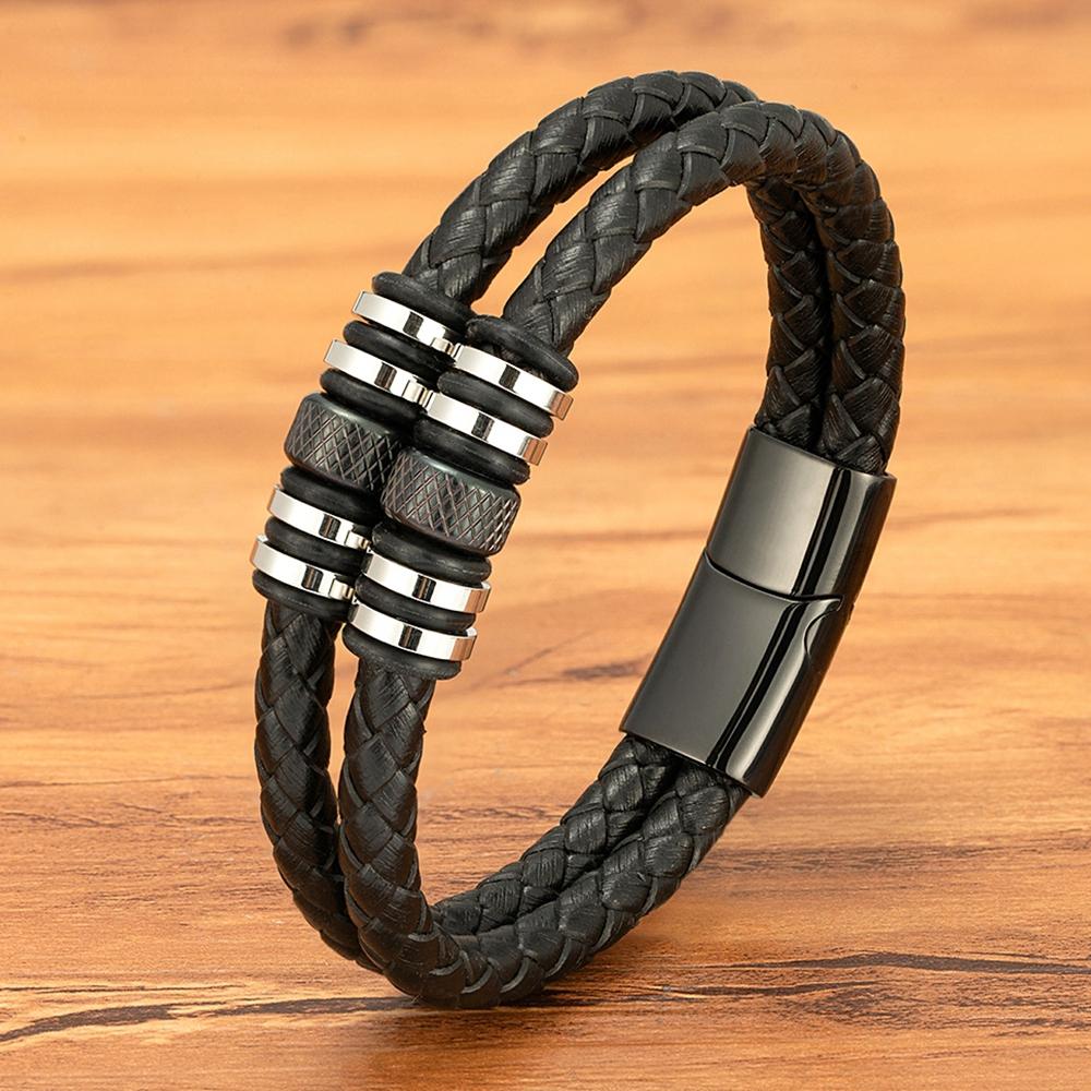 Double Layers Braided Stainless Steel Black Leather Bracelets For Men (EGBT063)