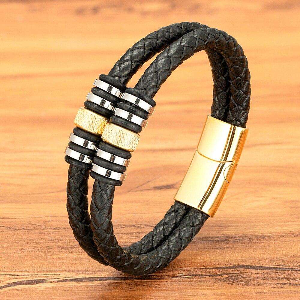 Double Layers Braided Stainless Steel Black Leather Bracelets For Men (EGBT063)