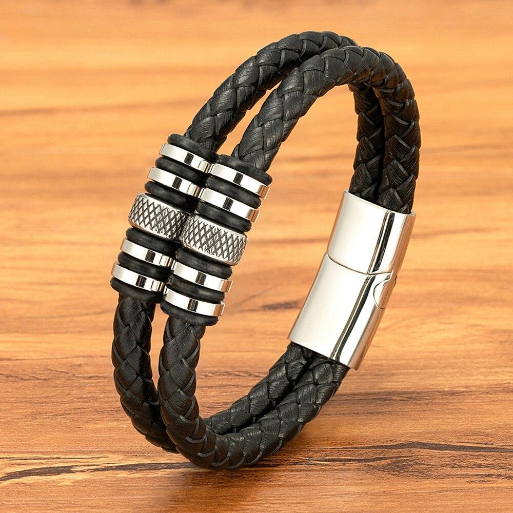 Double Layers Braided Stainless Steel Black Leather Bracelets For Men (EGBT063)