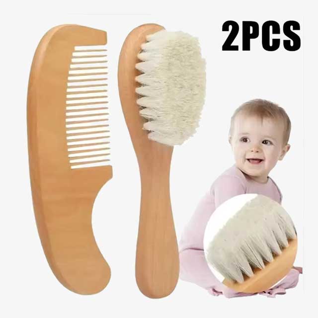 2pcs Baby Comb Set – Soft Wool Baby Hair Brush & Beech Wood Comb for Newborns – Baby Care Massager, Shower Gift & Hair Soothing