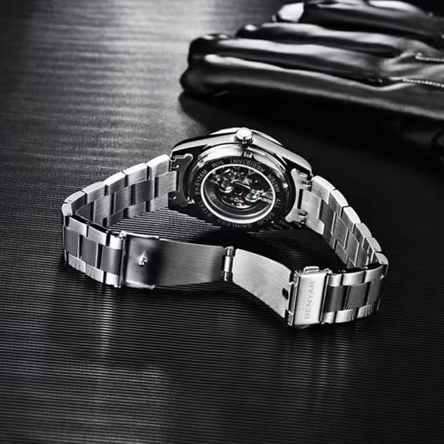 Montre BENYAR pour homme en acier inoxydable à mouvement automatique, modèle BY-5152