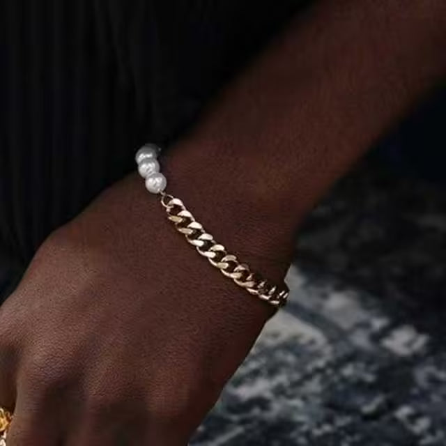Chain x White Pearl Men Bracelet (EGBT379)