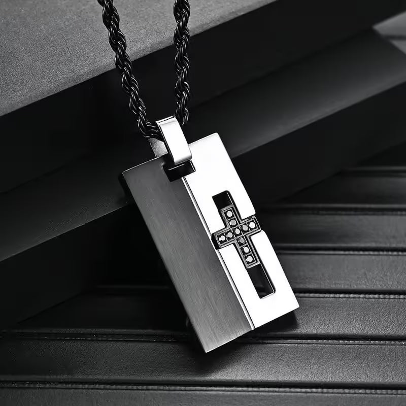 Cross Rectangular Tag High Quality Men Stainless Steel Necklace (EGN108)