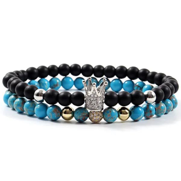 Crown x Disco Ball Handmade 6mm Stone Beaded Bracelet 2pcs Set (EGBT203)