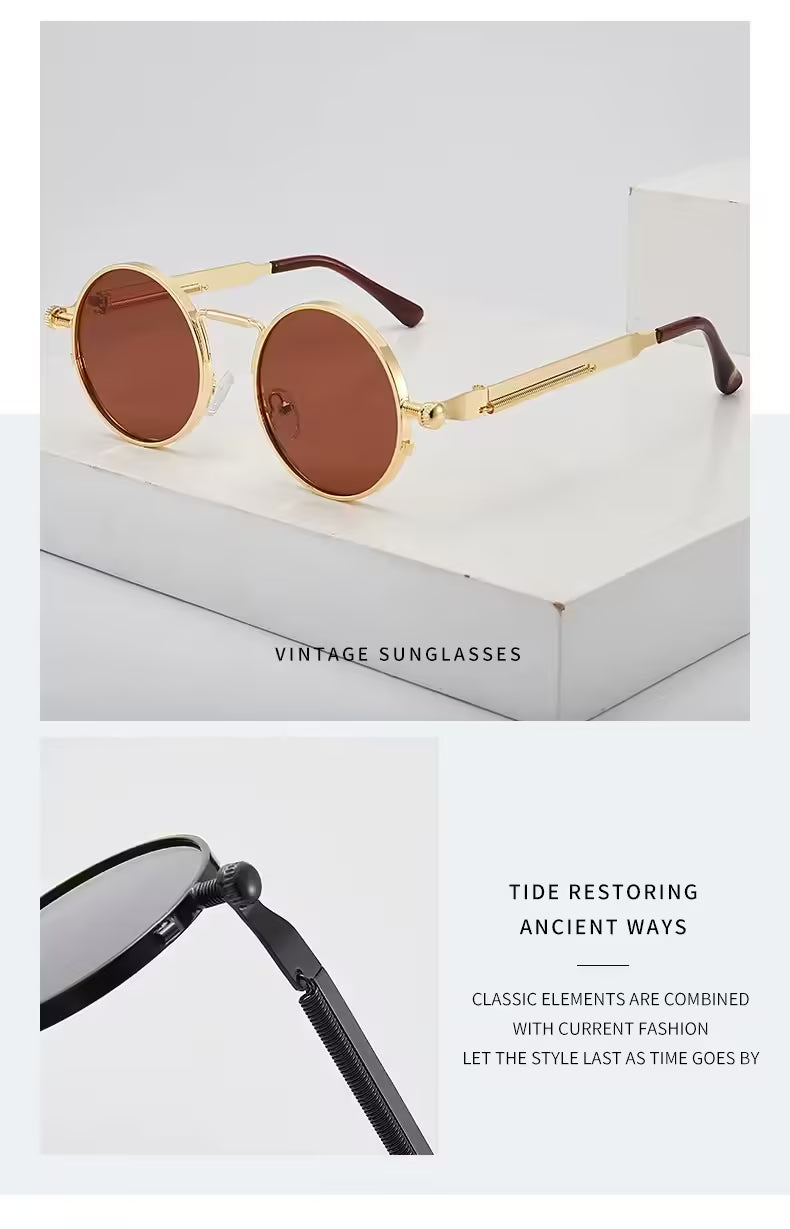Lunettes de soleil style punk vintage pour hommes et femmes, monture ronde en métal rétro, protection UV400