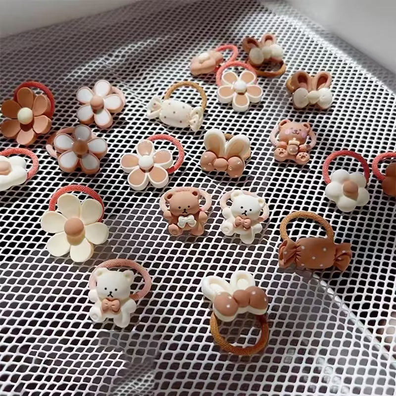 ٢٠ قطعة من أربطة الشعر المطاطية بتصميم دب وأرنب كرتوني لطيف للبنات | إكسسوارات شعر للأطفال الرضع على شكل فيونكة زهور