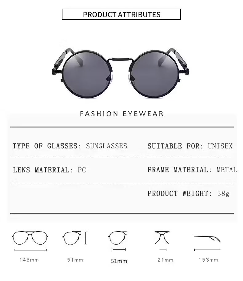 Lunettes de soleil style punk vintage pour hommes et femmes, monture ronde en métal rétro, protection UV400