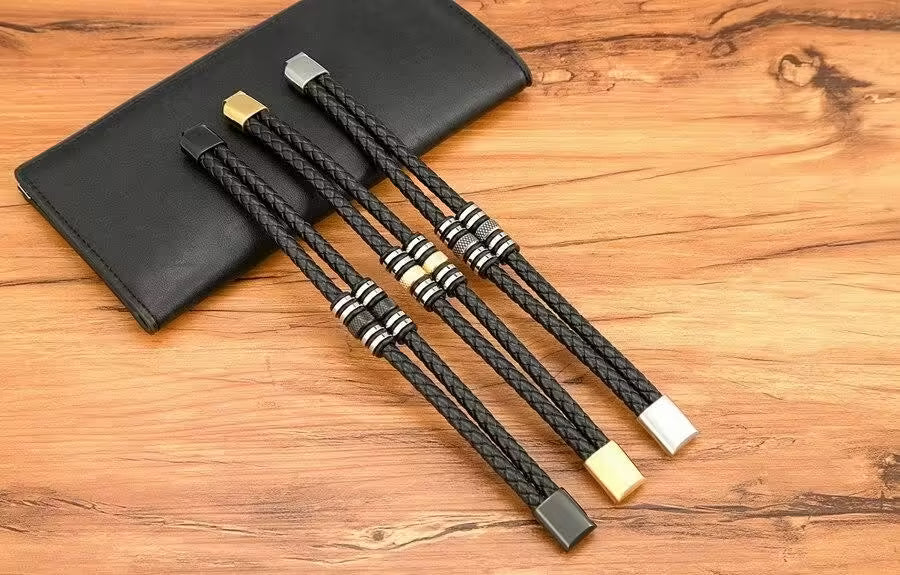 Double Layers Braided Stainless Steel Black Leather Bracelets For Men (EGBT063)