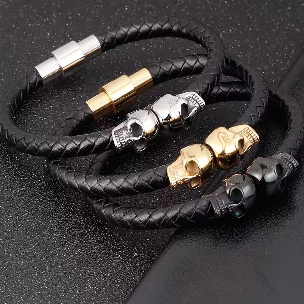 Double Skull Head 3 Colors Leather Men Bracelet (EGBT122)