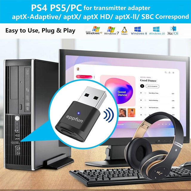 eppfun AK3040PLUS Qualcomm APTX Adaptive USB Bluetooth 5.2 Audio Transmitter – Low Latency Wireless Audio Adapter (APTX LL/APTX HD) for PS5, Switch, PC & Mac