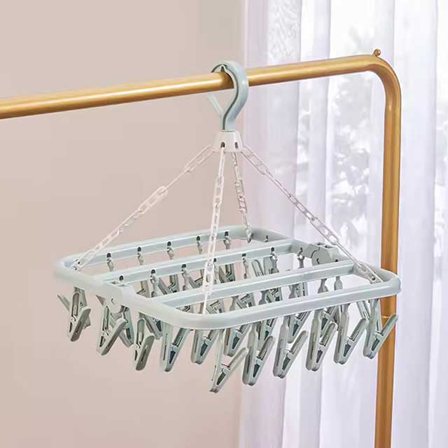 Foldable Drip Hanger with 32 Clips - Plastic Hanging Drying Rack for Clothes, Underwear & Socks
