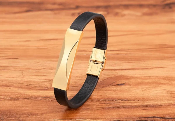 Geometric Pattern Design Stainless Steel Men's Leather Bracelet (EGBT130)