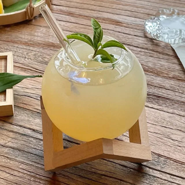 Glass Moon Shape Cup with Straw & Wooden Base – Perfect Ice Cream & Milk Cup