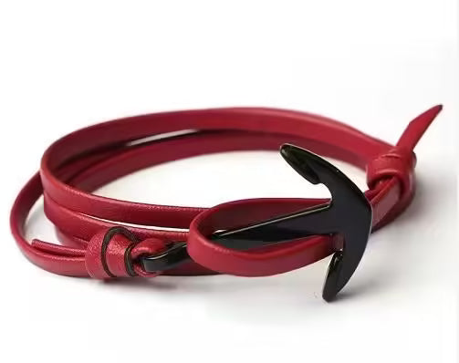 Bracelets multicouches en cuir noir à ancre (EGBT098)