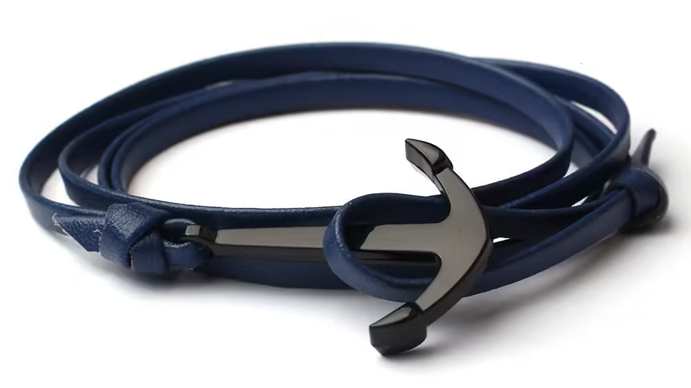 Bracelets multicouches en cuir noir à ancre (EGBT098)