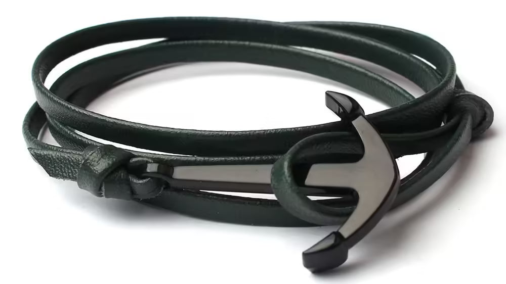 Bracelets multicouches en cuir noir à ancre (EGBT098)