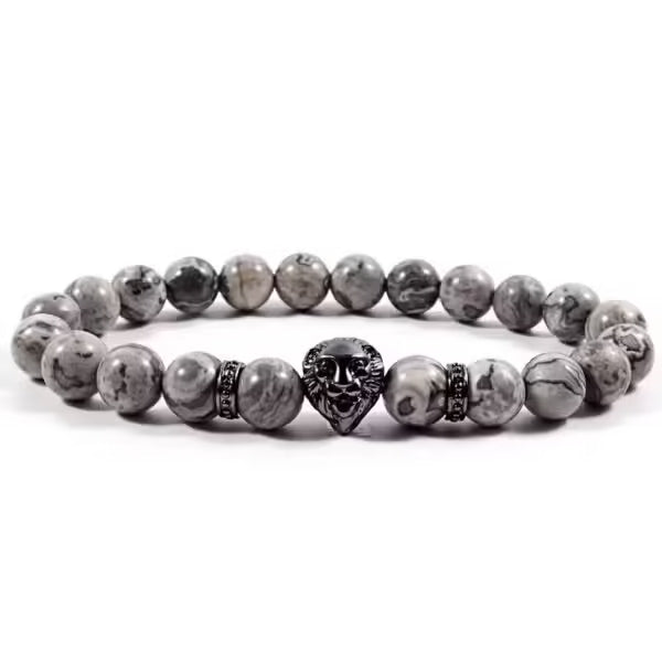 Bracelet pour homme en forme de tête de lion, fait main avec des perles de pierre de 8 mm (EGBT015)