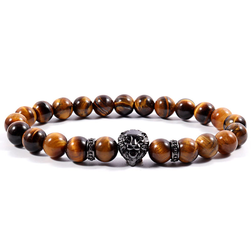 Bracelet pour homme en forme de tête de lion, fait main avec des perles de pierre de 8 mm (EGBT015)