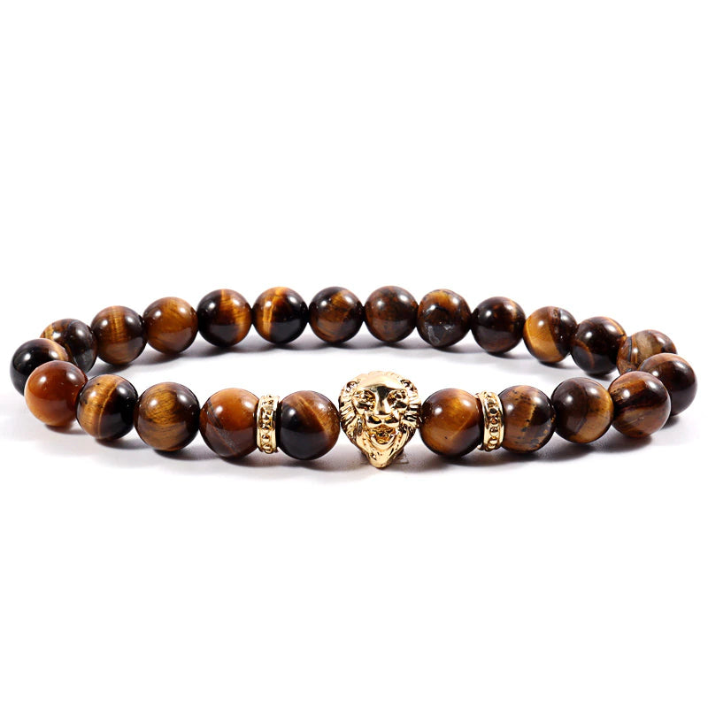 Bracelet pour homme en forme de tête de lion, fait main avec des perles de pierre de 8 mm (EGBT015)