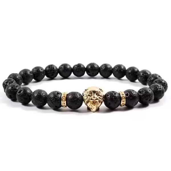 Bracelet pour homme en forme de tête de lion, fait main avec des perles de pierre de 8 mm (EGBT015)