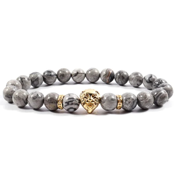 Bracelet pour homme en forme de tête de lion, fait main avec des perles de pierre de 8 mm (EGBT015)