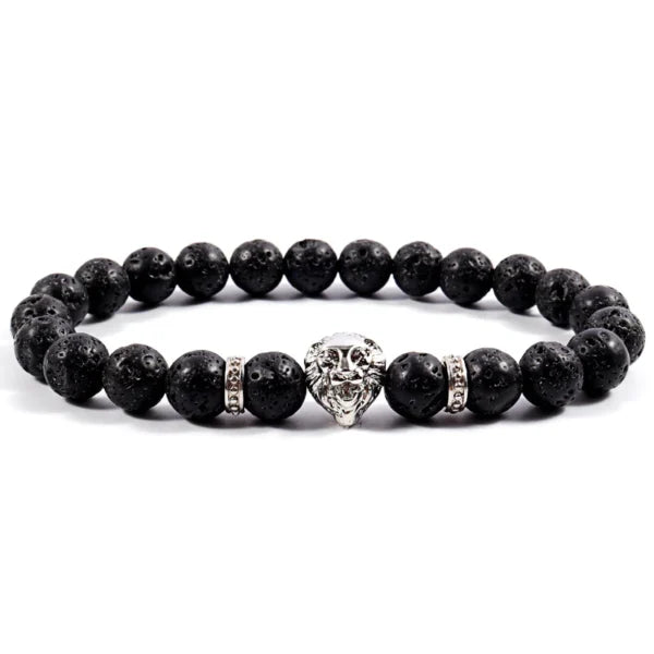 Bracelet pour homme en forme de tête de lion, fait main avec des perles de pierre de 8 mm (EGBT015)