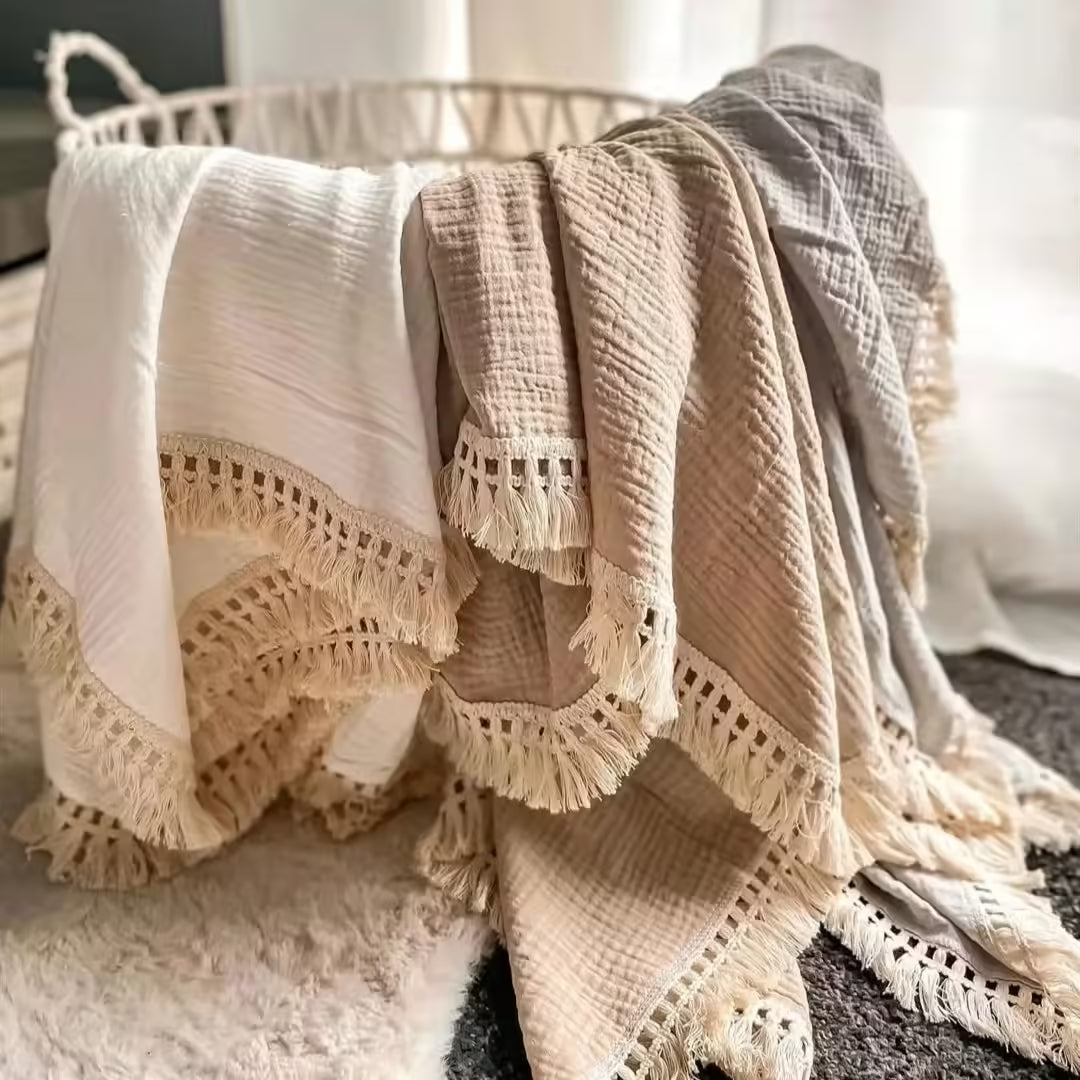 Couvertures d'emmaillotage en mousseline de coton pour nouveau-nés, couverture de réception à pompons et couette de sommeil pour nourrissons | Enveloppe d'emmaillotage douce pour bébés
