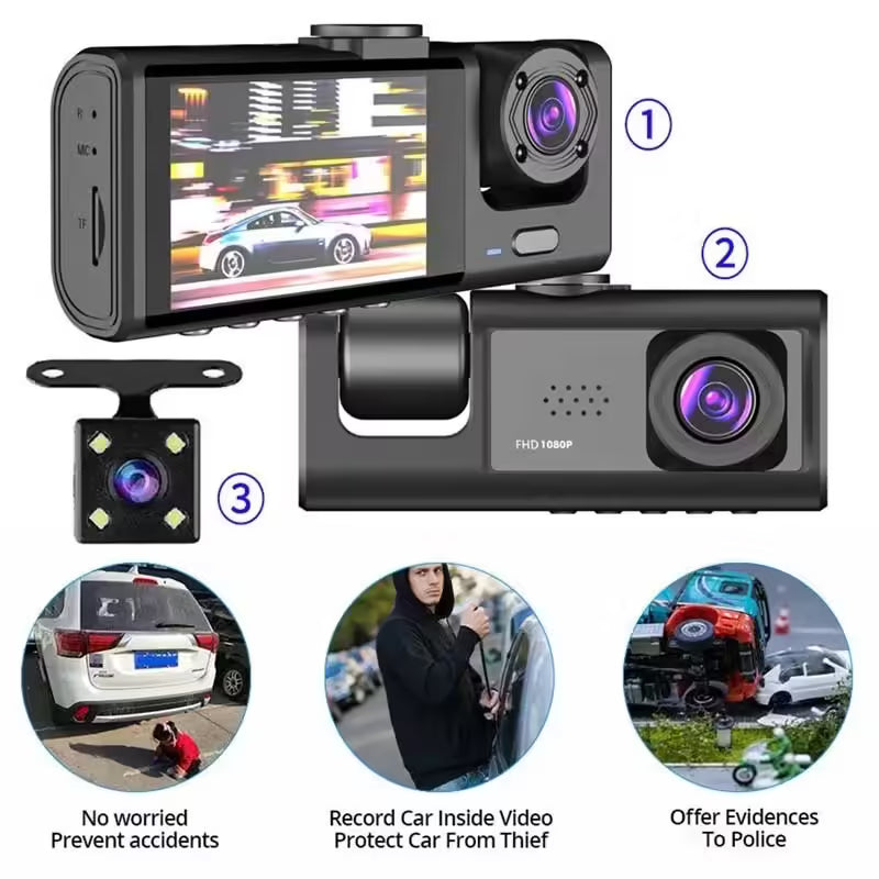 1080P HD Dash Cam with 3-Lens Camera, IR Night Vision, Loop Recording & Reverse Image Vehicle DVR Recorder