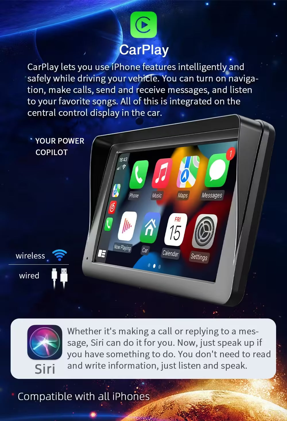 راديو سيارة عالمي بشاشة لمس ٧ بوصات، مشغل وسائط متعددة، مع واقي شمس ٥٣٠٠، يدعم كار بلاي وأندرويد أوتو لاسلكيًا