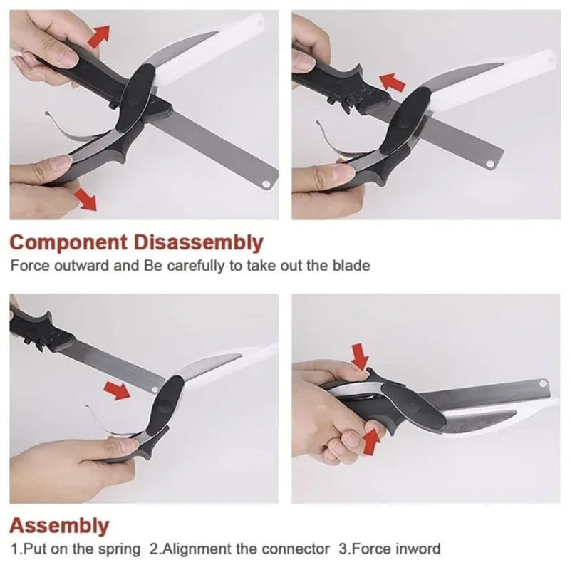 قطاعة طعام المطبخ مقص ذكي متعدد الأغراض من الفولاذ المقاوم للصدأ لتقطيع الخضار والفواكه مع لوح تقطيع مدمج