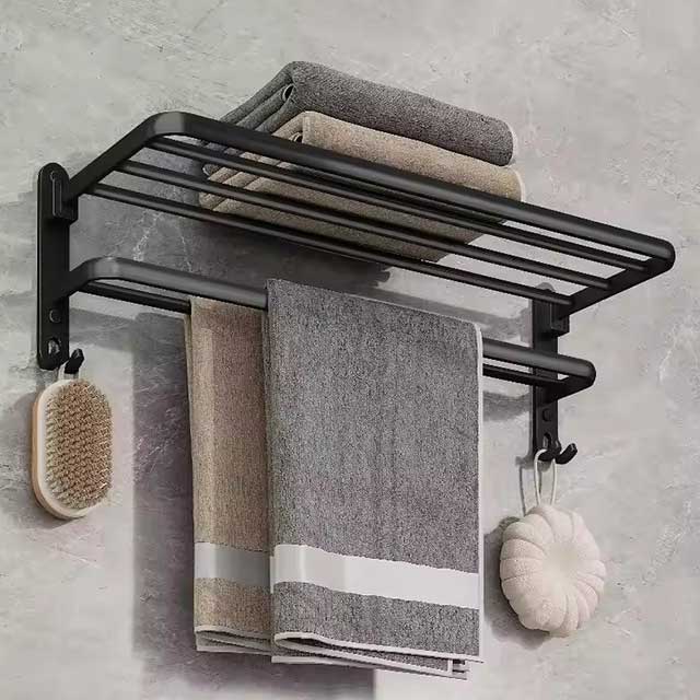 Matte Black 50CM Folding Towel Holder with Hook - Wall Mount Aluminum Towel Rack for Bathroom