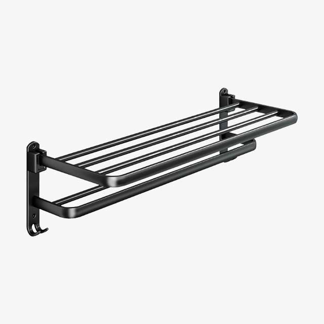 Matte Black 50CM Folding Towel Holder with Hook - Wall Mount Aluminum Towel Rack for Bathroom