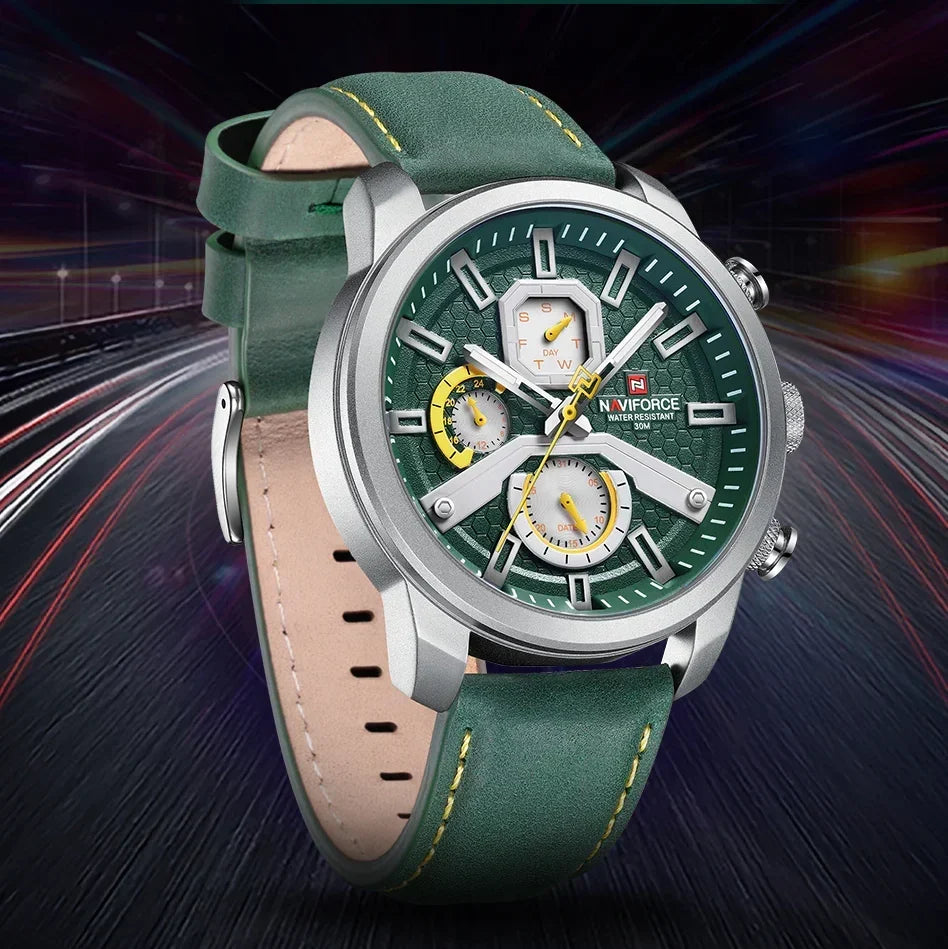 Montre Sport Naviforce - Bracelet Cuir Vert - Chronographe - Homme
