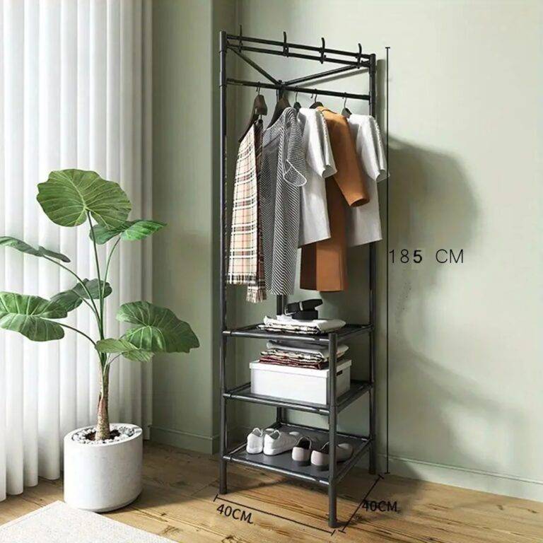 Multifunctional Corner Coat Rack with Shelves – Space Saving Clothes Organizer Stand with Shoe Storage & Double Hanging Rod