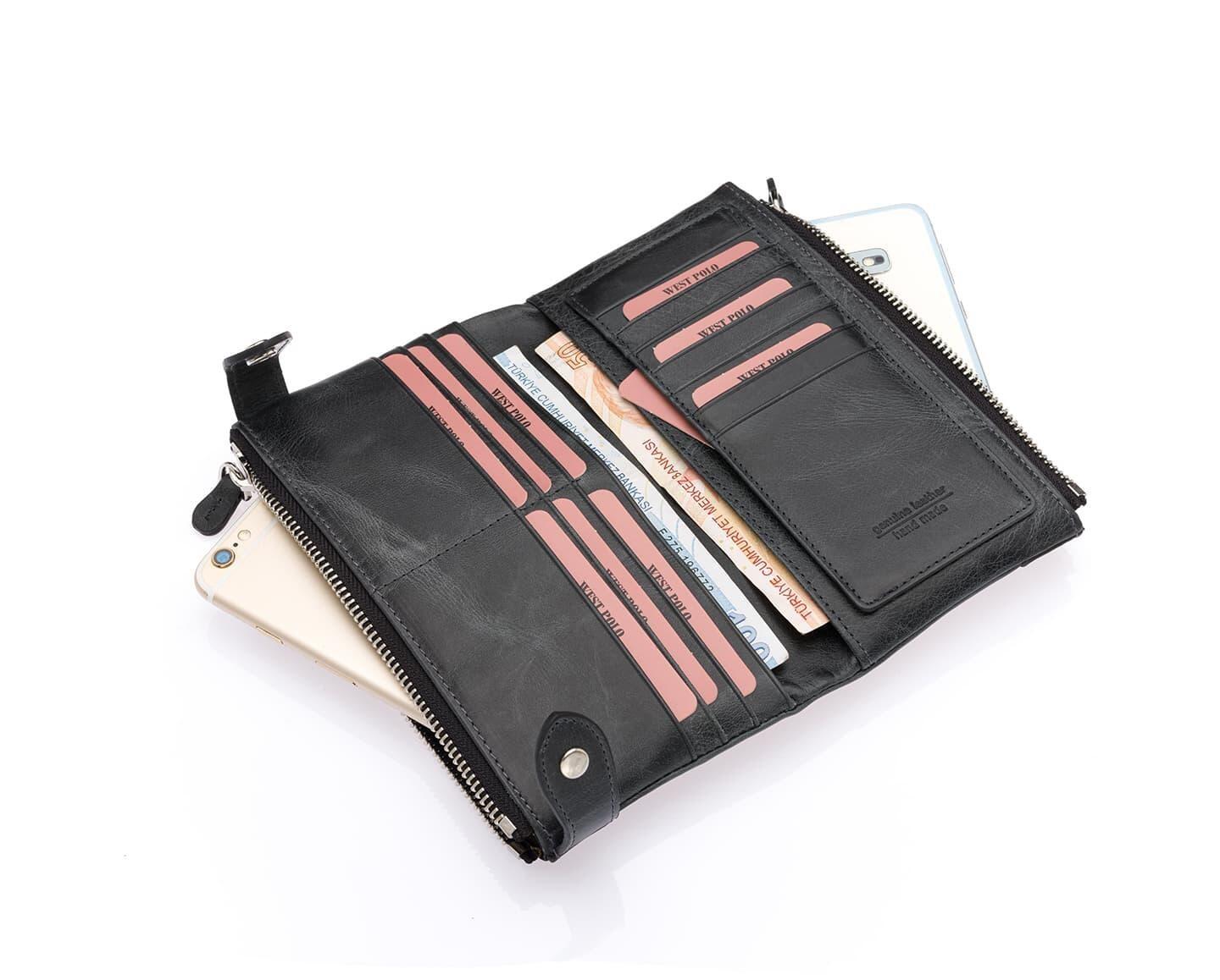 Portefeuille Westpolo Intense unisexe en cuir véritable grainé avec compartiment pour téléphone (417C)