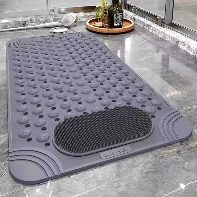 Non-Slip Suction Cups Bathroom Mat – Shower Bath Mat with Foot Massager & Silicone Suction Cup Massage Brush for Home Use