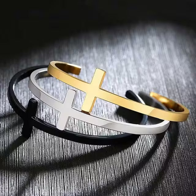 Open Cross Stainless Steel Unisex Cuff Bangle (EGBT325)